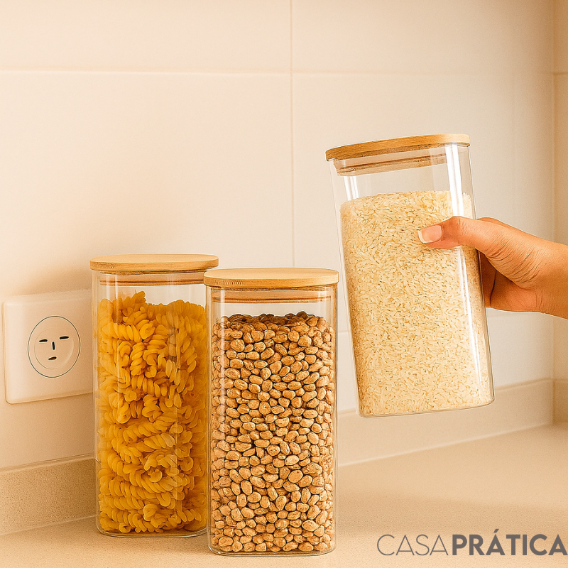 Kit 3 Potes de Vidro 1,4l | Tampa de Bambu Hermética - Casa Prática