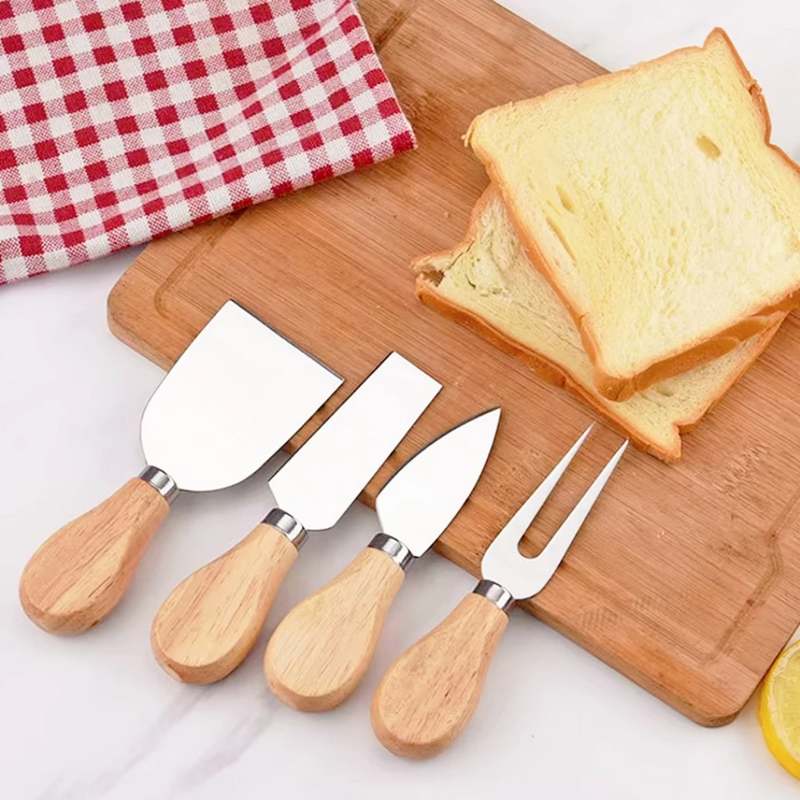 Jogo de Corta Queijo Inox | 4 Peças com Cabo de Bambu - Casa Prática