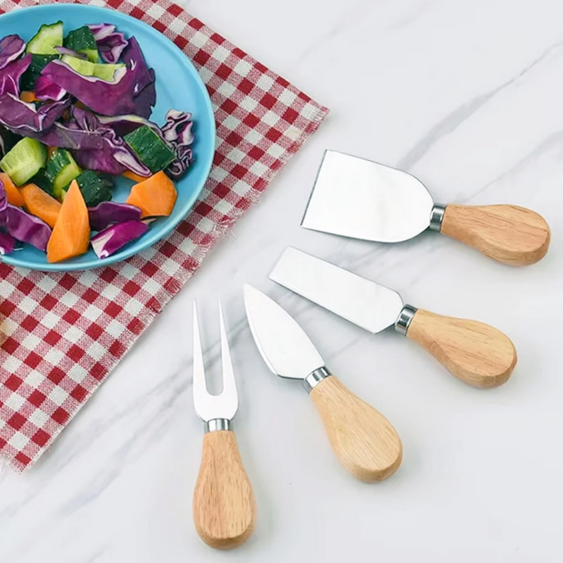 Jogo de Corta Queijo Inox | 4 Peças com Cabo de Bambu - Casa Prática