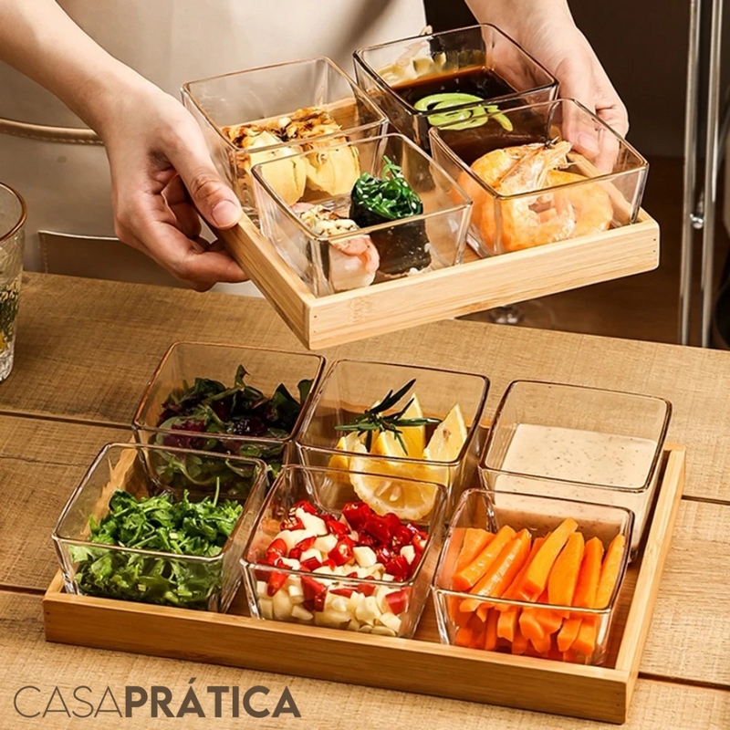 Kit Petisqueira com 4 Travessas de Vidro + Bambu - Casa Prática