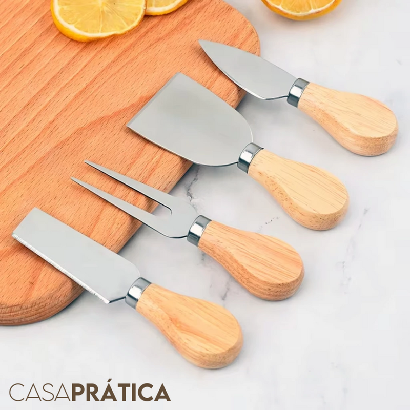 Jogo de Corta Queijo Inox | 4 Peças com Cabo de Bambu - Casa Prática