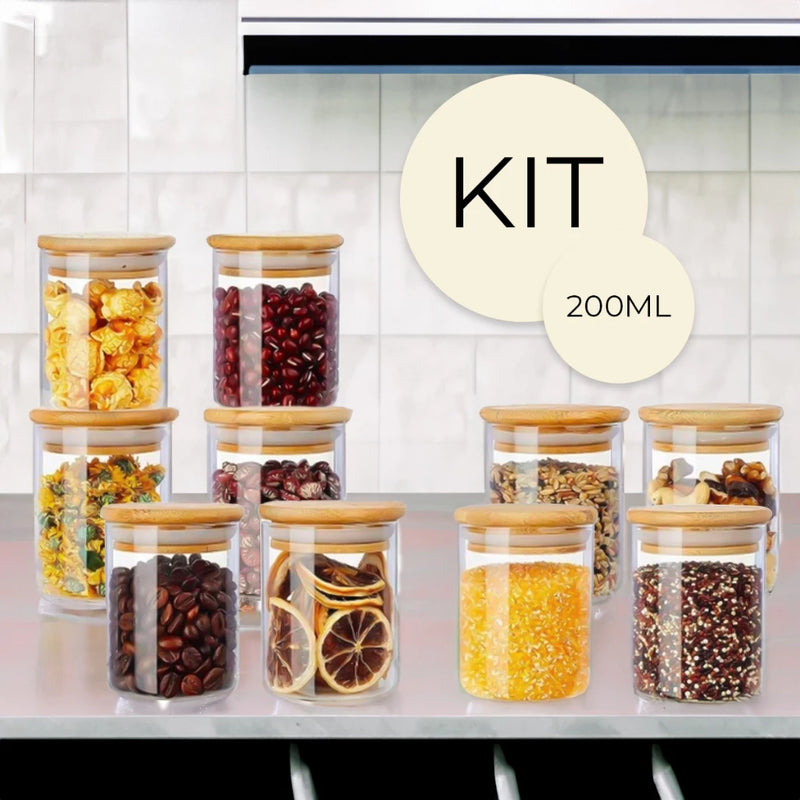 Kit 10 Potes de Vidro 200ml | Tampa de Bambu Hermética - Casa Prática
