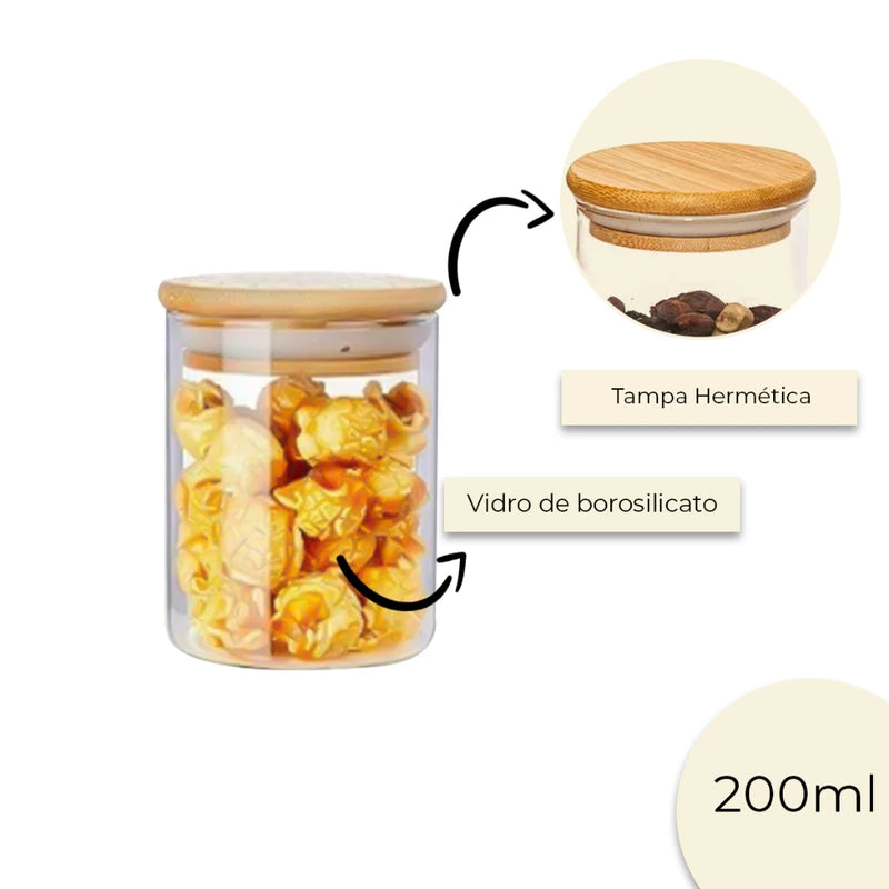 Kit 10 Potes de Vidro 200ml | Tampa de Bambu Hermética - Casa Prática