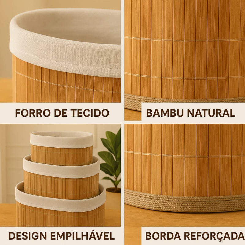 Kit 3 Cestos de Bambu com Forro | Casa Prática