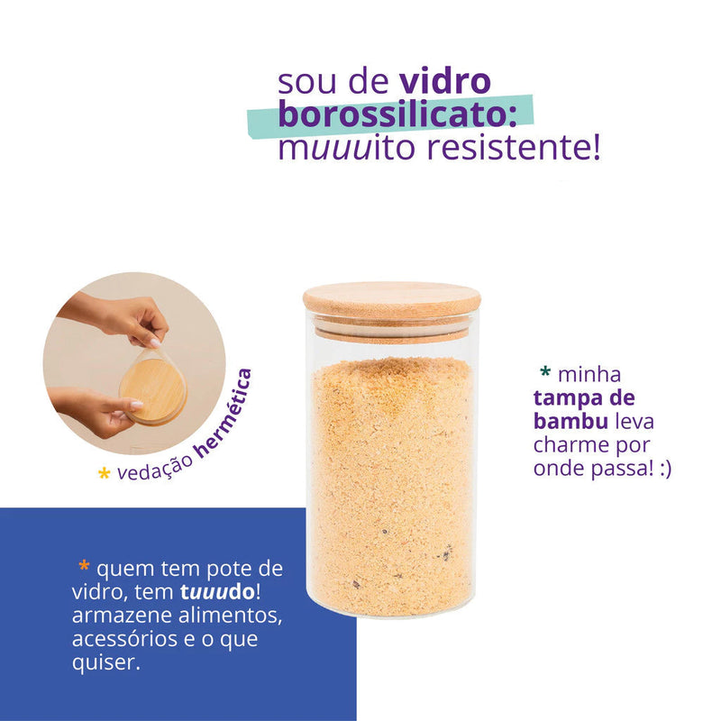 Kit 4 potes de Vidro 600ml | Tampa de Bambu Hermética | Casa Prática