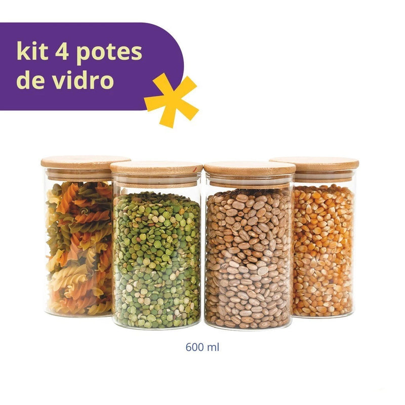 Kit 4 potes de Vidro 600ml | Tampa de Bambu Hermética | Casa Prática