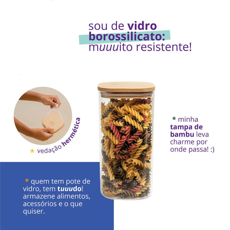 Kit 3 Potes de Vidro 1,4l | Tampa de Bambu Hermética - Casa Prática