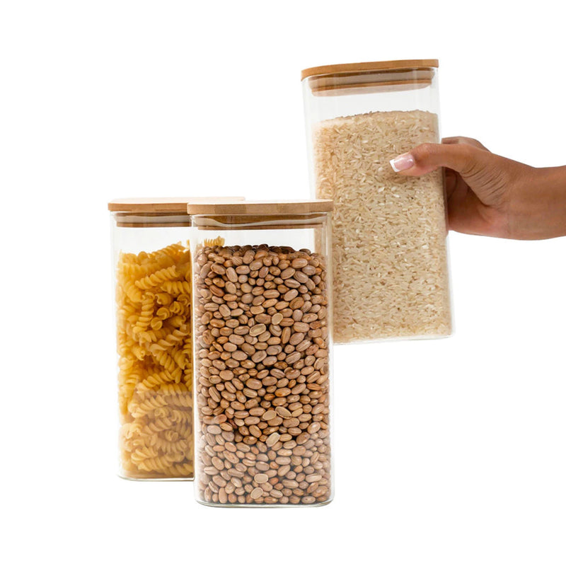 Kit 3 Potes de Vidro 1,4l | Tampa de Bambu Hermética - Casa Prática
