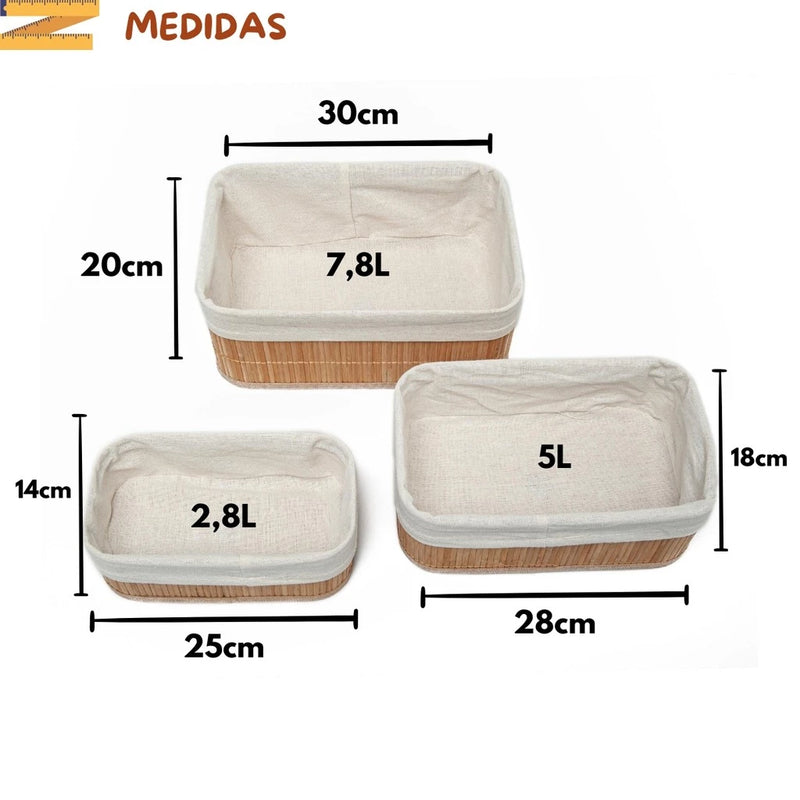 Kit 3 Cestos de Bambu com Forro | Casa Prática